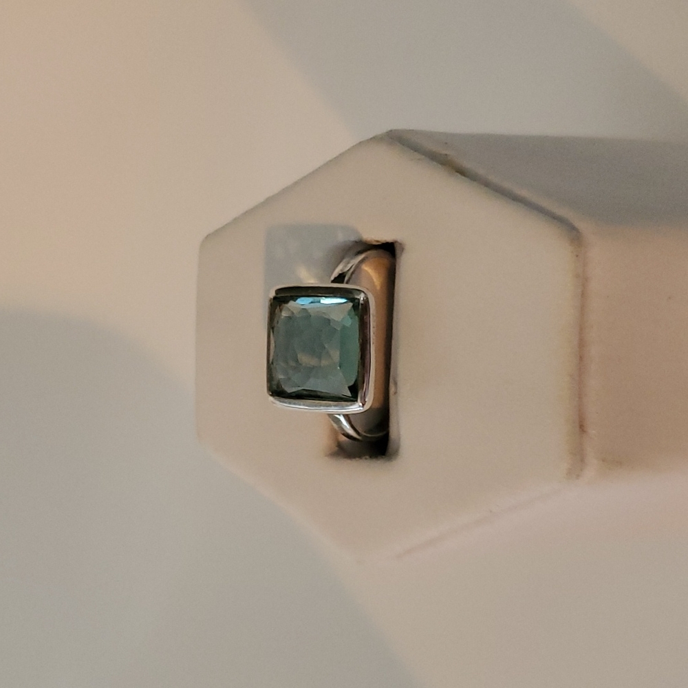 Sterling Silver Ring with cushion cut Blue Gem  Size 6